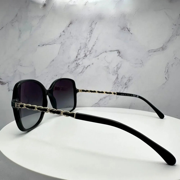CHANEL Sunglasses Black Gold Chain Arms Interlocking CC Logo Acetate Square New - Picture 14 of 16